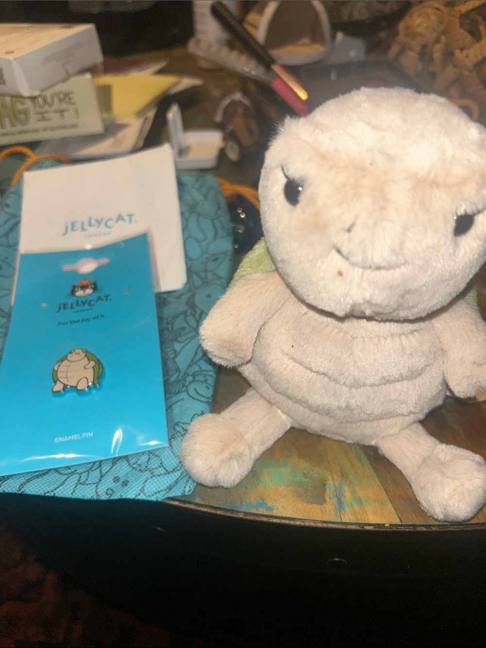 Jellycat Beige Plush Turtle Soft Toy with Matching Enamel Pin & Dust Bag-NWT
